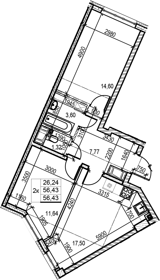 2-комнатная 56 м<sup>2</sup> на 3 этаже 2-комнатная 56 м<sup>2</sup> на 3 этаже