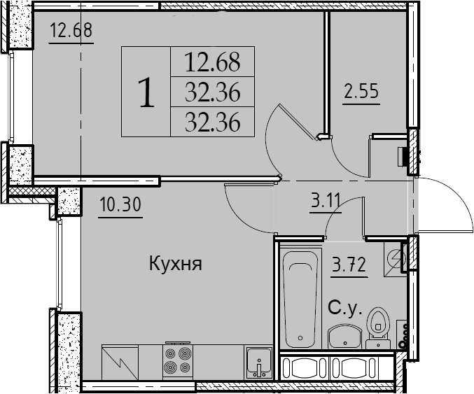 1-комнатная 32 м<sup>2</sup> на 2 этаже 1-комнатная 32 м<sup>2</sup> на 2 этаже