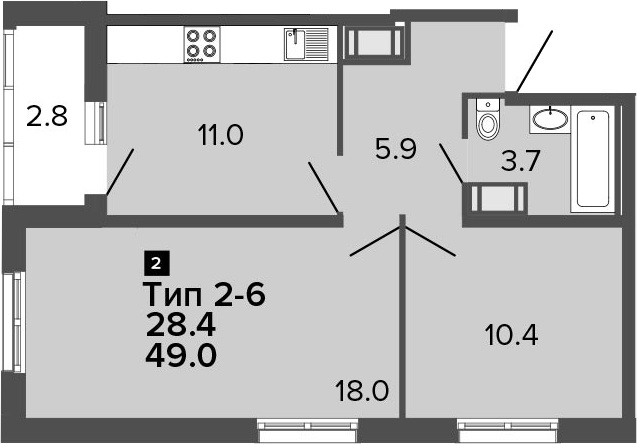 2-комнатная 51 м<sup>2</sup> на 10 этаже 2-комнатная 51 м<sup>2</sup> на 10 этаже