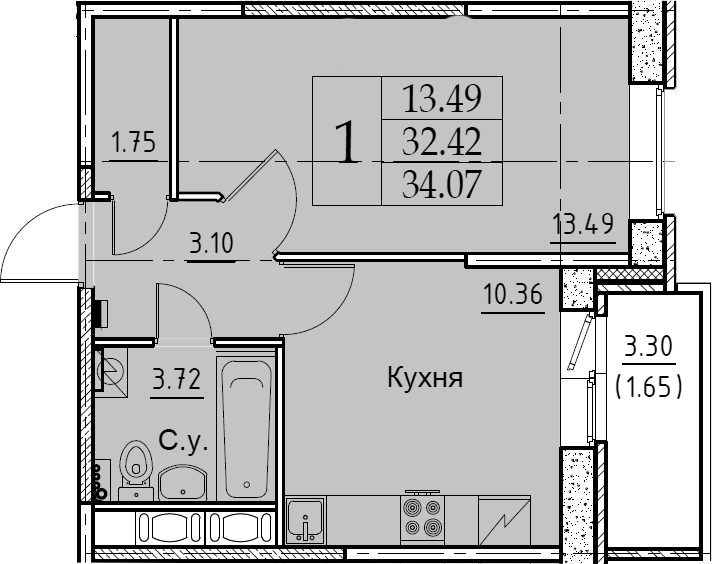 1-комнатная 35 м<sup>2</sup> на 10 этаже 1-комнатная 35 м<sup>2</sup> на 10 этаже