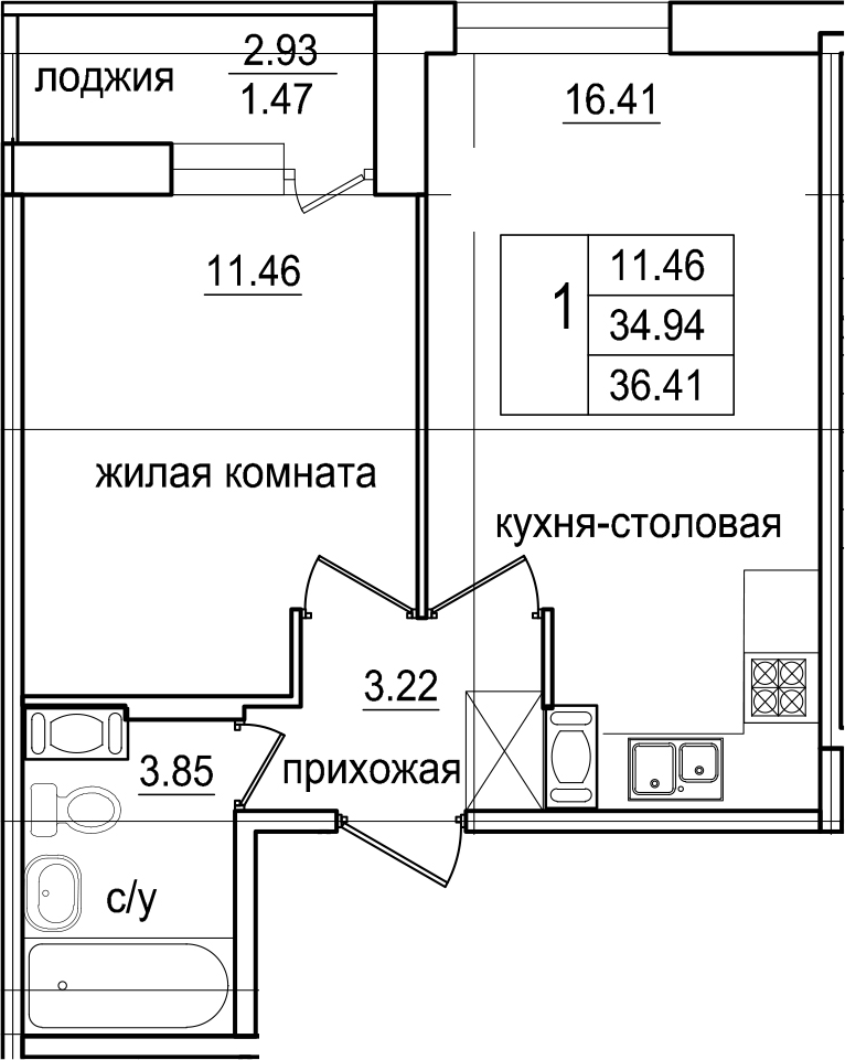 1-комнатная 37 м<sup>2</sup> на 3 этаже 1-комнатная 37 м<sup>2</sup> на 3 этаже