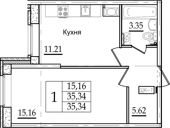 1-комнатная 35 м<sup>2</sup> на 1 этаже 1-комнатная 35 м<sup>2</sup> на 1 этаже
