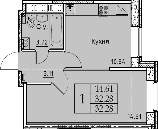 1-комнатная 32 м<sup>2</sup> на 2 этаже 1-комнатная 32 м<sup>2</sup> на 2 этаже
