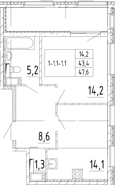1-комнатная 51 м<sup>2</sup> на 5 этаже 1-комнатная 51 м<sup>2</sup> на 5 этаже
