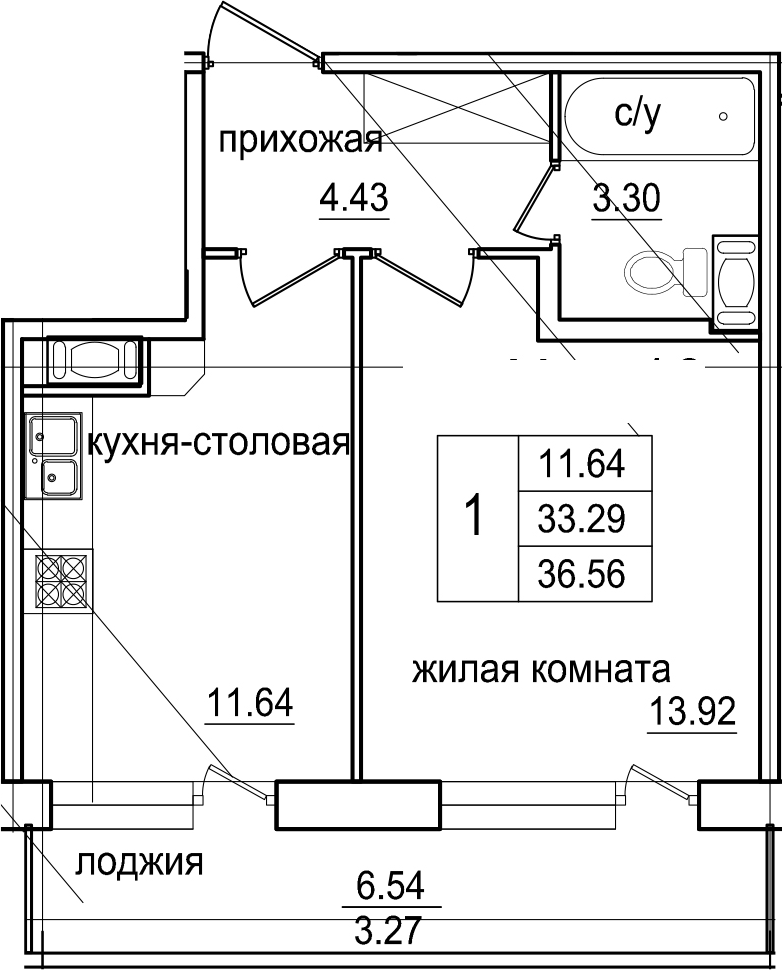 1-комнатная 39 м<sup>2</sup> на 2 этаже 1-комнатная 39 м<sup>2</sup> на 2 этаже