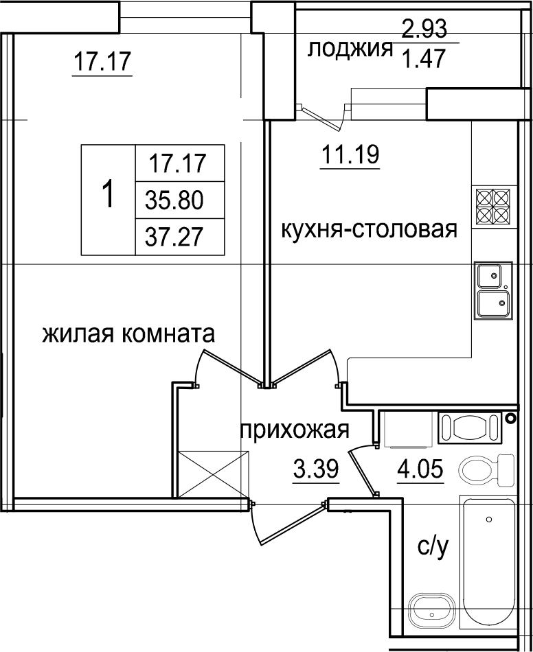 1-комнатная 38 м<sup>2</sup> на 6 этаже 1-комнатная 38 м<sup>2</sup> на 6 этаже