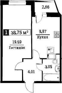 1-комнатная 40 м<sup>2</sup> на 10 этаже 1-комнатная 40 м<sup>2</sup> на 10 этаже
