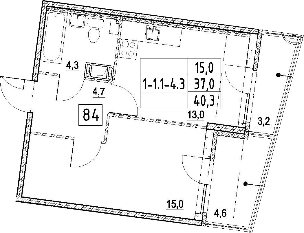1-комнатная 44 м<sup>2</sup> на 3 этаже 1-комнатная 44 м<sup>2</sup> на 3 этаже