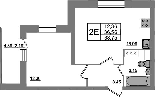 2-комнатная 40 м<sup>2</sup> на 3 этаже 2-комнатная 40 м<sup>2</sup> на 3 этаже