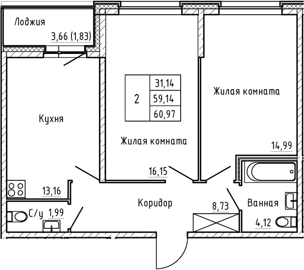 2-комнатная 62 м<sup>2</sup> на 1 этаже 2-комнатная 62 м<sup>2</sup> на 1 этаже