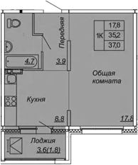 1-комнатная 38 м<sup>2</sup> на 4 этаже 1-комнатная 38 м<sup>2</sup> на 4 этаже