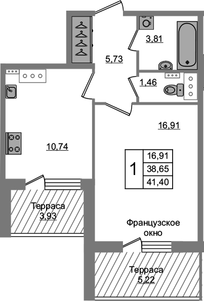 1-комнатная 47 м<sup>2</sup> на 5 этаже 1-комнатная 47 м<sup>2</sup> на 5 этаже