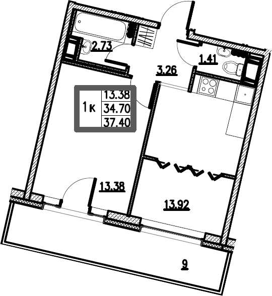 2-комнатная 43 м<sup>2</sup> на 9 этаже 2-комнатная 43 м<sup>2</sup> на 9 этаже