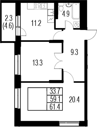 2-комнатная 63 м<sup>2</sup> на 3 этаже 2-комнатная 63 м<sup>2</sup> на 3 этаже