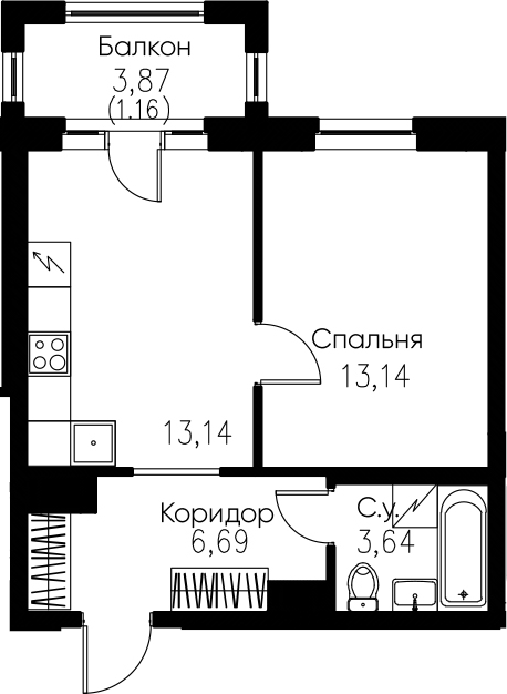 1-комнатная 40 м<sup>2</sup> на 3 этаже 1-комнатная 40 м<sup>2</sup> на 3 этаже