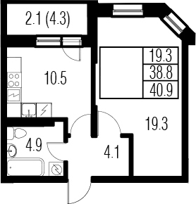 1-комнатная 43 м<sup>2</sup> на 4 этаже 1-комнатная 43 м<sup>2</sup> на 4 этаже
