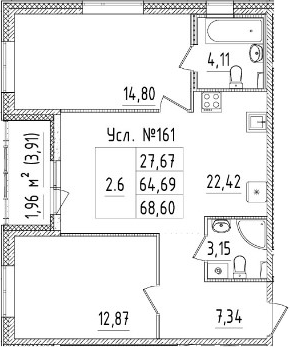3-комнатная 68 м<sup>2</sup> на 2 этаже 3-комнатная 68 м<sup>2</sup> на 2 этаже