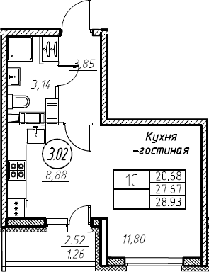 Студия 30 м<sup>2</sup> на 21 этаже Студия 30 м<sup>2</sup> на 21 этаже