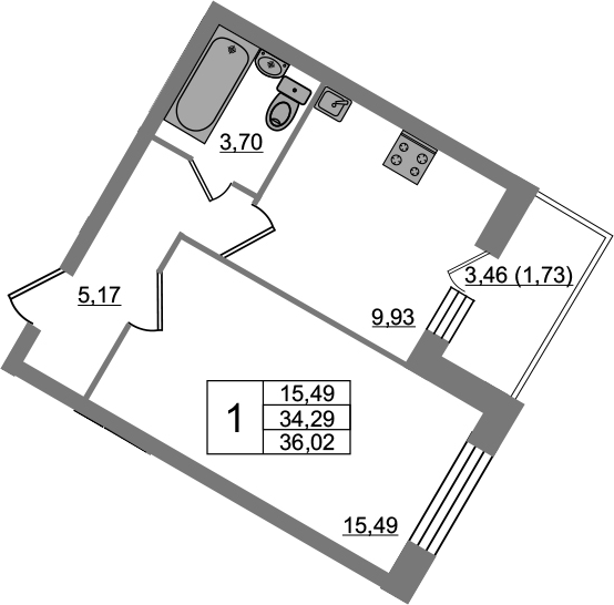 1-комнатная 37 м<sup>2</sup> на 2 этаже 1-комнатная 37 м<sup>2</sup> на 2 этаже