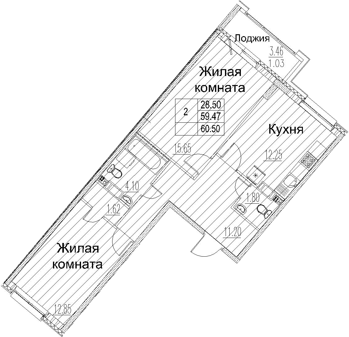 2-комнатная 62 м<sup>2</sup> на 3 этаже 2-комнатная 62 м<sup>2</sup> на 3 этаже