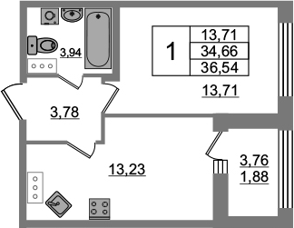 1-комнатная 38 м<sup>2</sup> на 9 этаже 1-комнатная 38 м<sup>2</sup> на 9 этаже