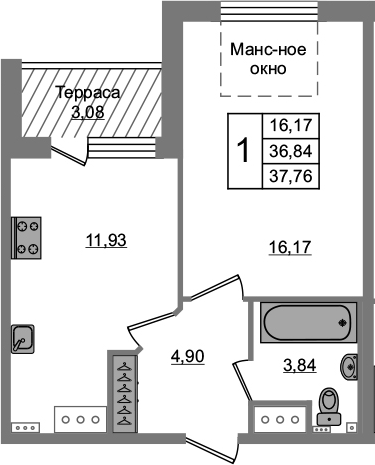 1-комнатная 39 м<sup>2</sup> на 5 этаже 1-комнатная 39 м<sup>2</sup> на 5 этаже