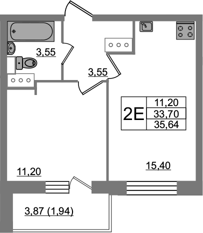 2-комнатная 37 м<sup>2</sup> на 8 этаже 2-комнатная 37 м<sup>2</sup> на 8 этаже