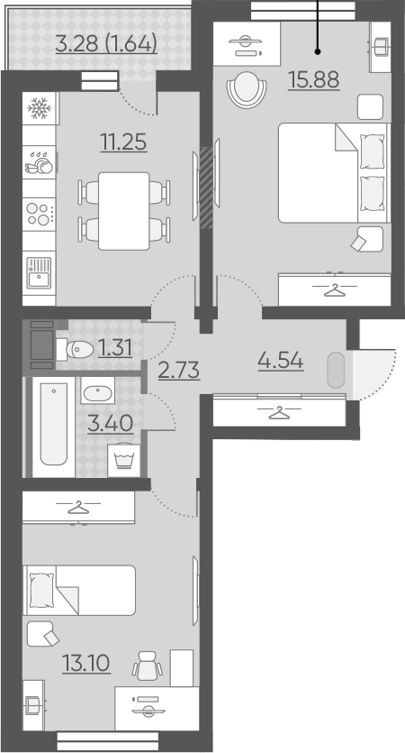 2-комнатная 55 м<sup>2</sup> на 13 этаже 2-комнатная 55 м<sup>2</sup> на 13 этаже