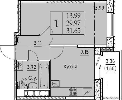 1-комнатная 33 м<sup>2</sup> на 10 этаже 1-комнатная 33 м<sup>2</sup> на 10 этаже