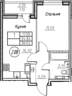 1-комнатная 37 м<sup>2</sup> на 3 этаже 1-комнатная 37 м<sup>2</sup> на 3 этаже