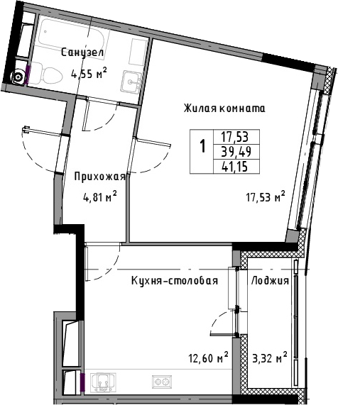 1-комнатная 42 м<sup>2</sup> на 13 этаже 1-комнатная 42 м<sup>2</sup> на 13 этаже