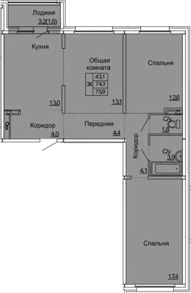 3-комнатная 77 м<sup>2</sup> на 2 этаже 3-комнатная 77 м<sup>2</sup> на 2 этаже