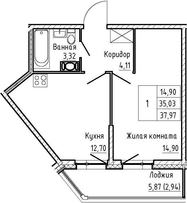 1-комнатная 40 м<sup>2</sup> на 5 этаже 1-комнатная 40 м<sup>2</sup> на 5 этаже
