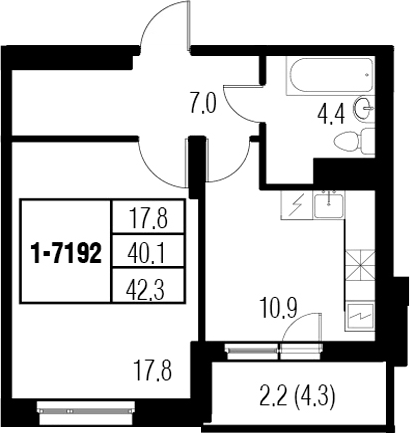 1-комнатная 44 м<sup>2</sup> на 19 этаже 1-комнатная 44 м<sup>2</sup> на 19 этаже
