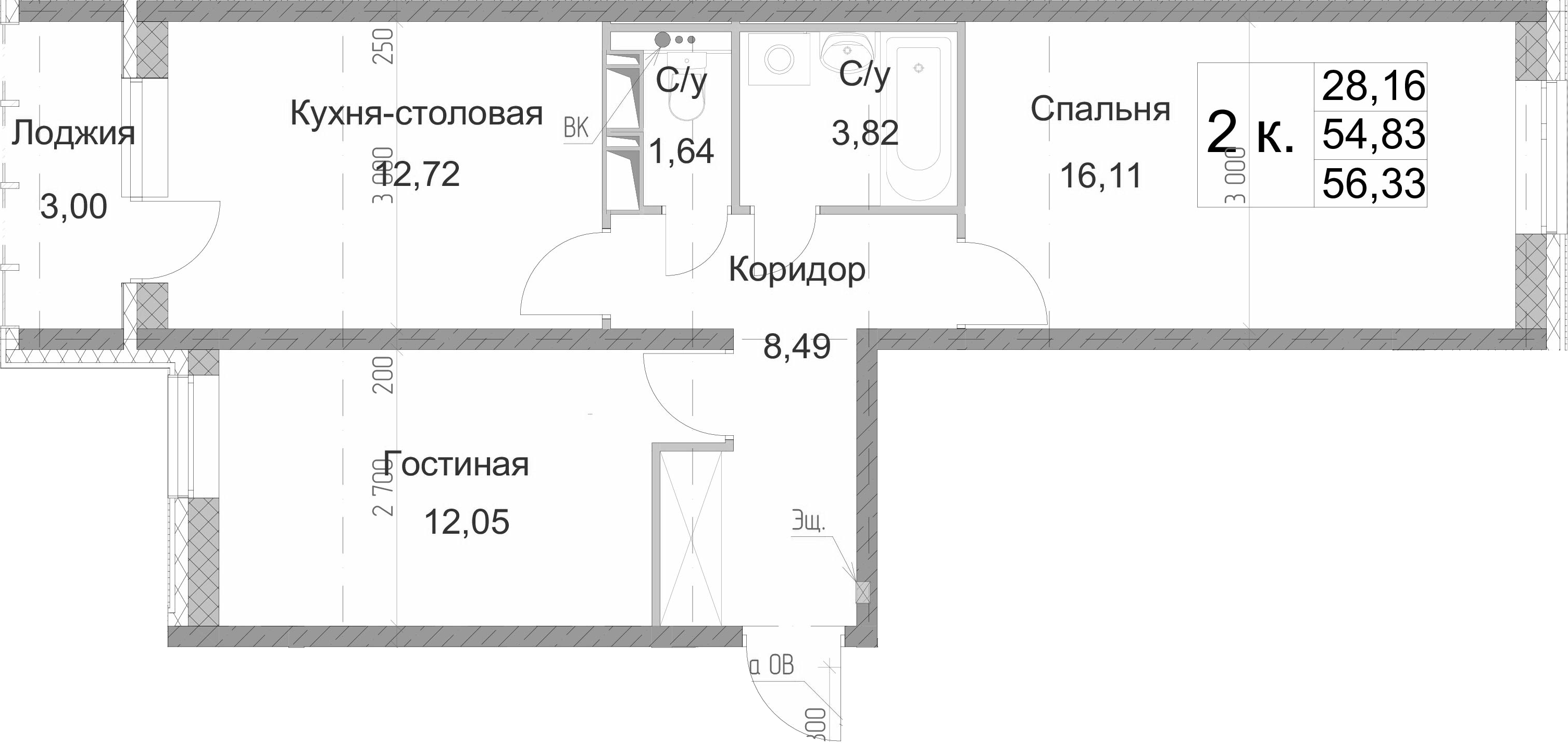 2-комнатная 57 м<sup>2</sup> на 3 этаже 2-комнатная 57 м<sup>2</sup> на 3 этаже