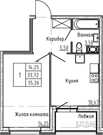 1-комнатная 37 м<sup>2</sup> на 4 этаже 1-комнатная 37 м<sup>2</sup> на 4 этаже
