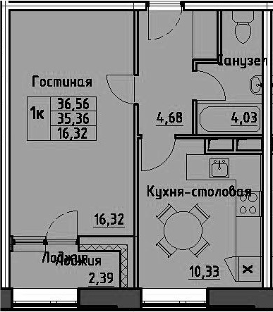 1-комнатная 37 м<sup>2</sup> на 12 этаже 1-комнатная 37 м<sup>2</sup> на 12 этаже