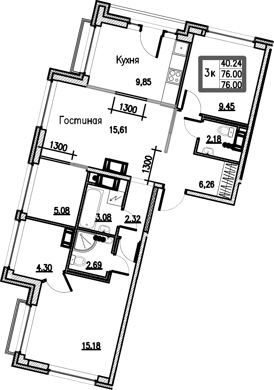 3-комнатная 76 м<sup>2</sup> на 11 этаже 3-комнатная 76 м<sup>2</sup> на 11 этаже