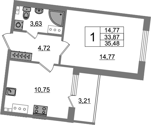 1-комнатная 37 м<sup>2</sup> на 4 этаже 1-комнатная 37 м<sup>2</sup> на 4 этаже