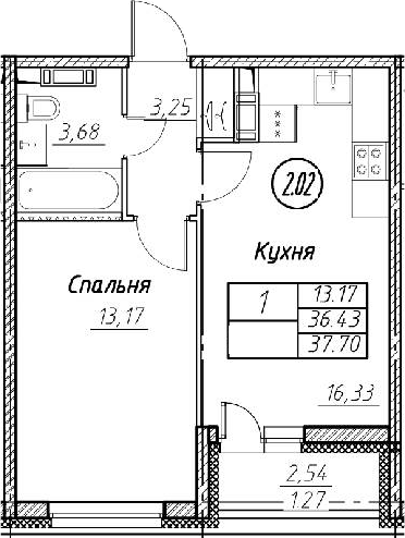 2-комнатная 38 м<sup>2</sup> на 2 этаже 2-комнатная 38 м<sup>2</sup> на 2 этаже