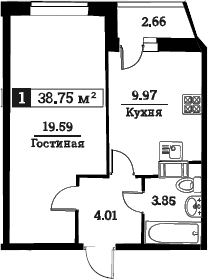 1-комнатная 40 м<sup>2</sup> на 3 этаже 1-комнатная 40 м<sup>2</sup> на 3 этаже