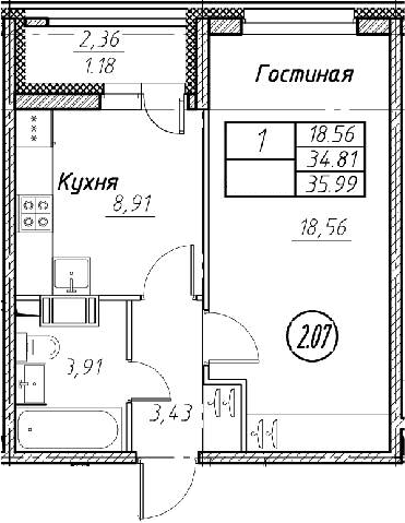 2-комнатная 37 м<sup>2</sup> на 2 этаже 2-комнатная 37 м<sup>2</sup> на 2 этаже