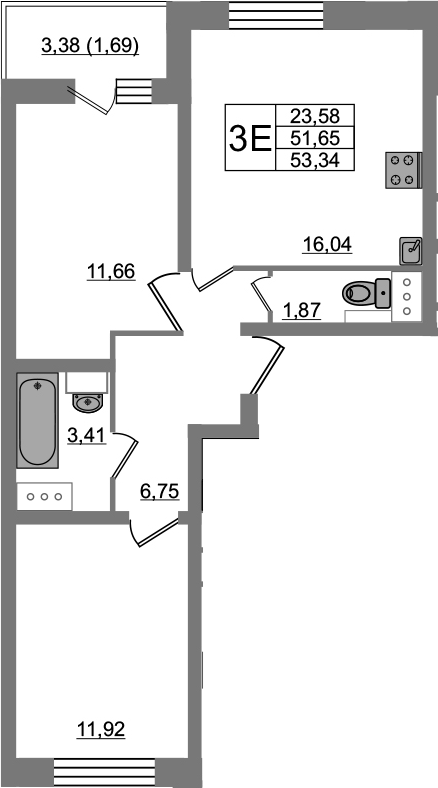 3-комнатная 55 м<sup>2</sup> на 5 этаже 3-комнатная 55 м<sup>2</sup> на 5 этаже