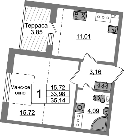 1-комнатная 37 м<sup>2</sup> на 5 этаже 1-комнатная 37 м<sup>2</sup> на 5 этаже