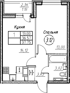 2-комнатная 38 м<sup>2</sup> на 11 этаже 2-комнатная 38 м<sup>2</sup> на 11 этаже