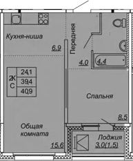 2-комнатная 42 м<sup>2</sup> на 3 этаже 2-комнатная 42 м<sup>2</sup> на 3 этаже