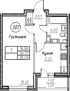 1-комнатная 36 м<sup>2</sup> на 16 этаже 1-комнатная 36 м<sup>2</sup> на 16 этаже