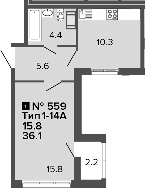 1-комнатная 38 м<sup>2</sup> на 4 этаже 1-комнатная 38 м<sup>2</sup> на 4 этаже