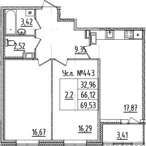 3-комнатная 69 м<sup>2</sup> на 11 этаже 3-комнатная 69 м<sup>2</sup> на 11 этаже