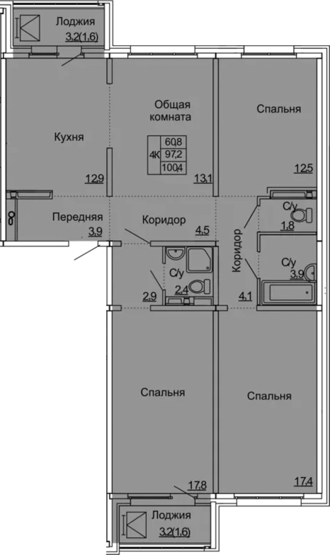 4-комнатная 103 м<sup>2</sup> на 11 этаже 4-комнатная 103 м<sup>2</sup> на 11 этаже